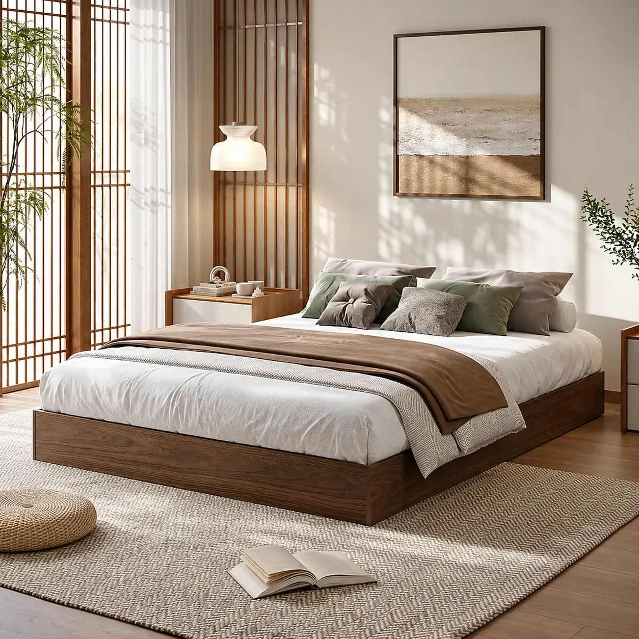 Helles Schlafzimmer mit modernem Platformbett